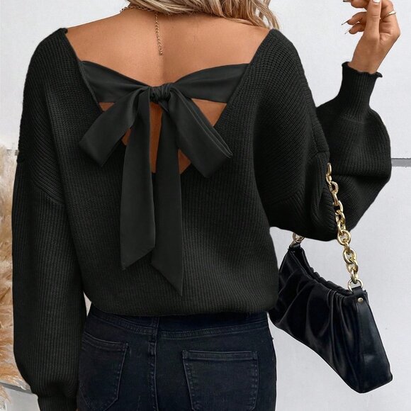 Black Casual Womens Tie Back Drop Shoulder Sweater - Picture 5 of 5